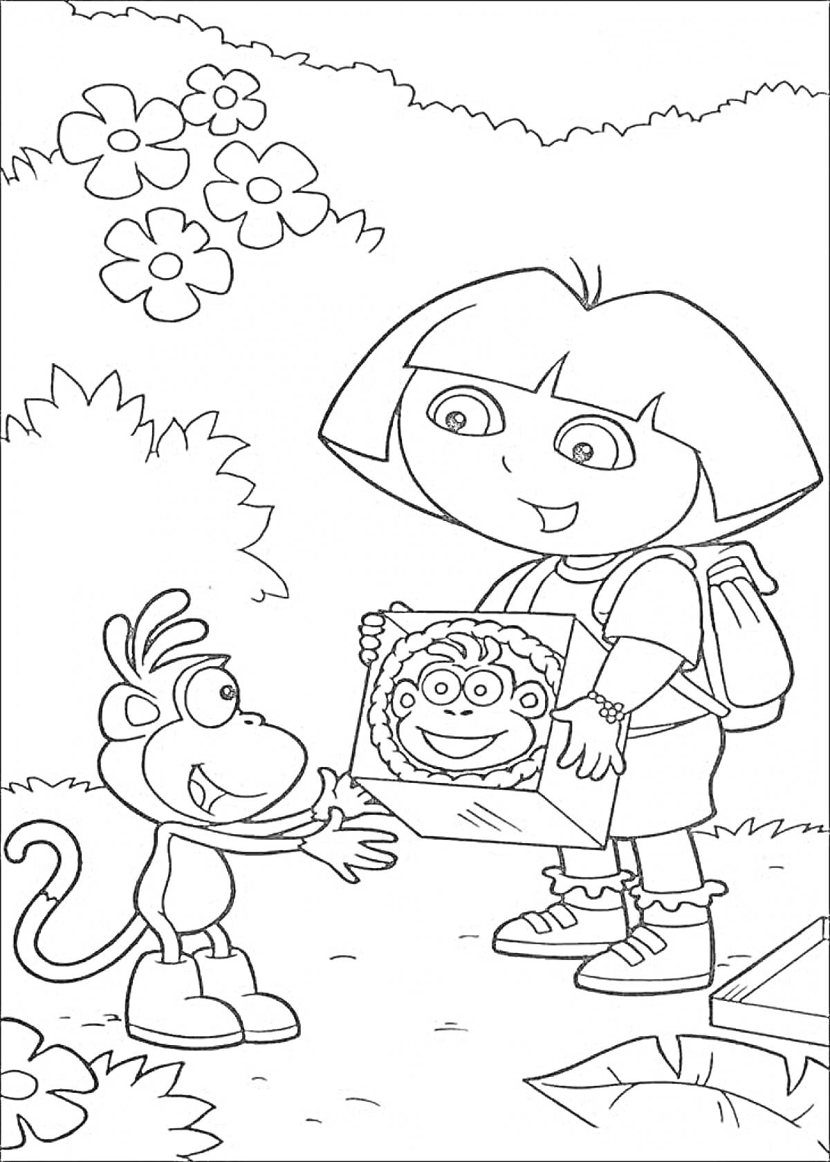 Раскраска Девочка с рюкзаком и обезьянка с коробкой на фоне цветов и кустов