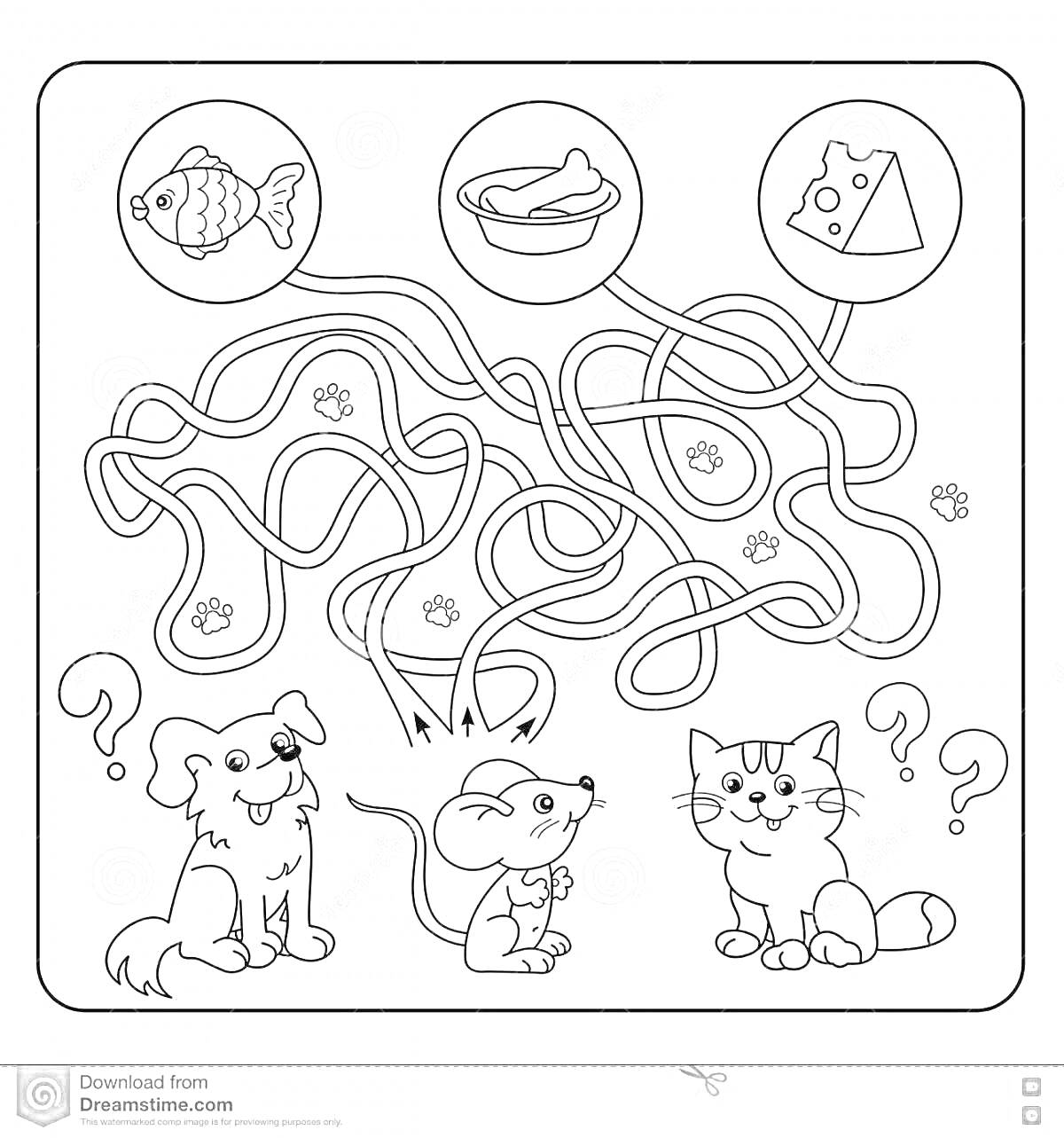 На раскраске изображено: Лабиринт, Собака, Мышь, Рыба, Сыр, Еда для животных, Игра, Пазл