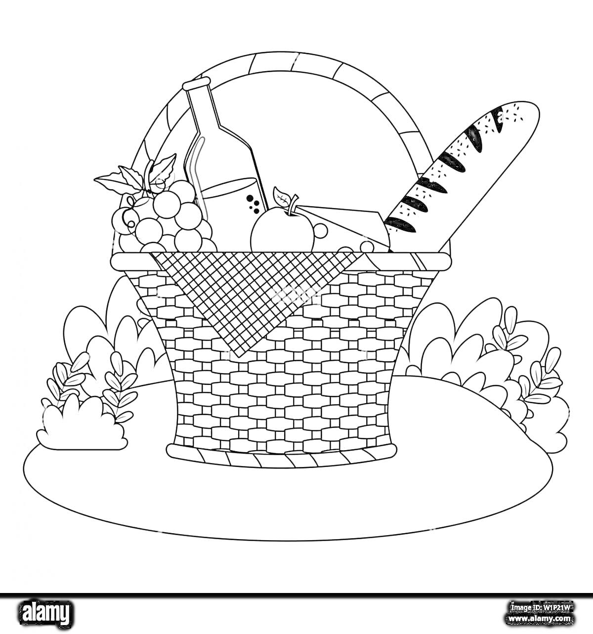 Раскраска Корзина для пикника с едой (бутылка, виноград, яблоко, сыр, багет), кусты на заднем плане