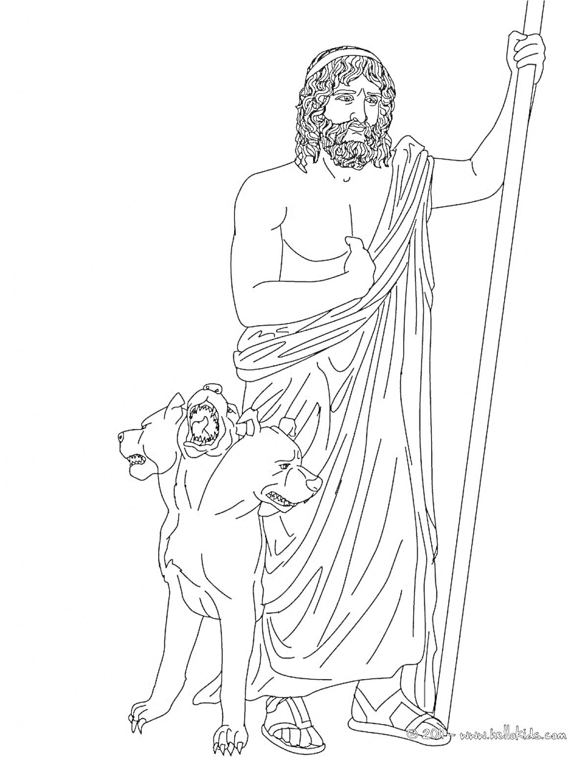 Раскраска Древнегреческий бог с трезубцем и трехголовым псом