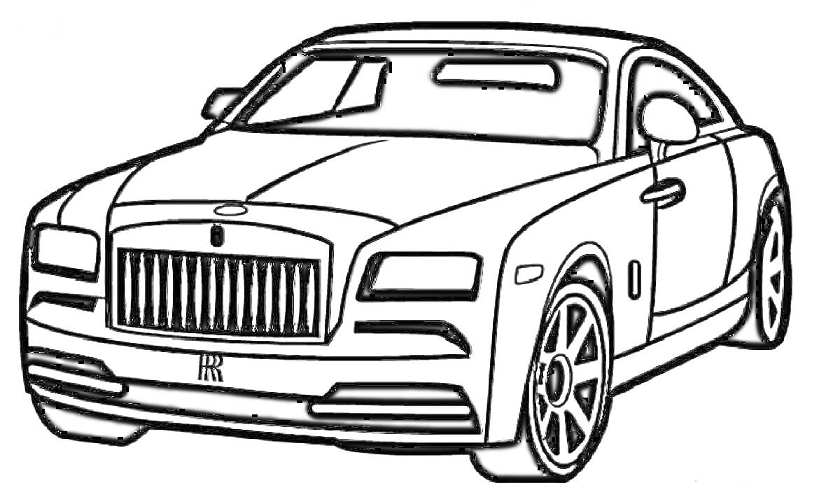 Раскраска Роллс Ройс Врайт с видимыми элементами кузова, передние фары, решетка радиатора, боковые зеркала, колеса.