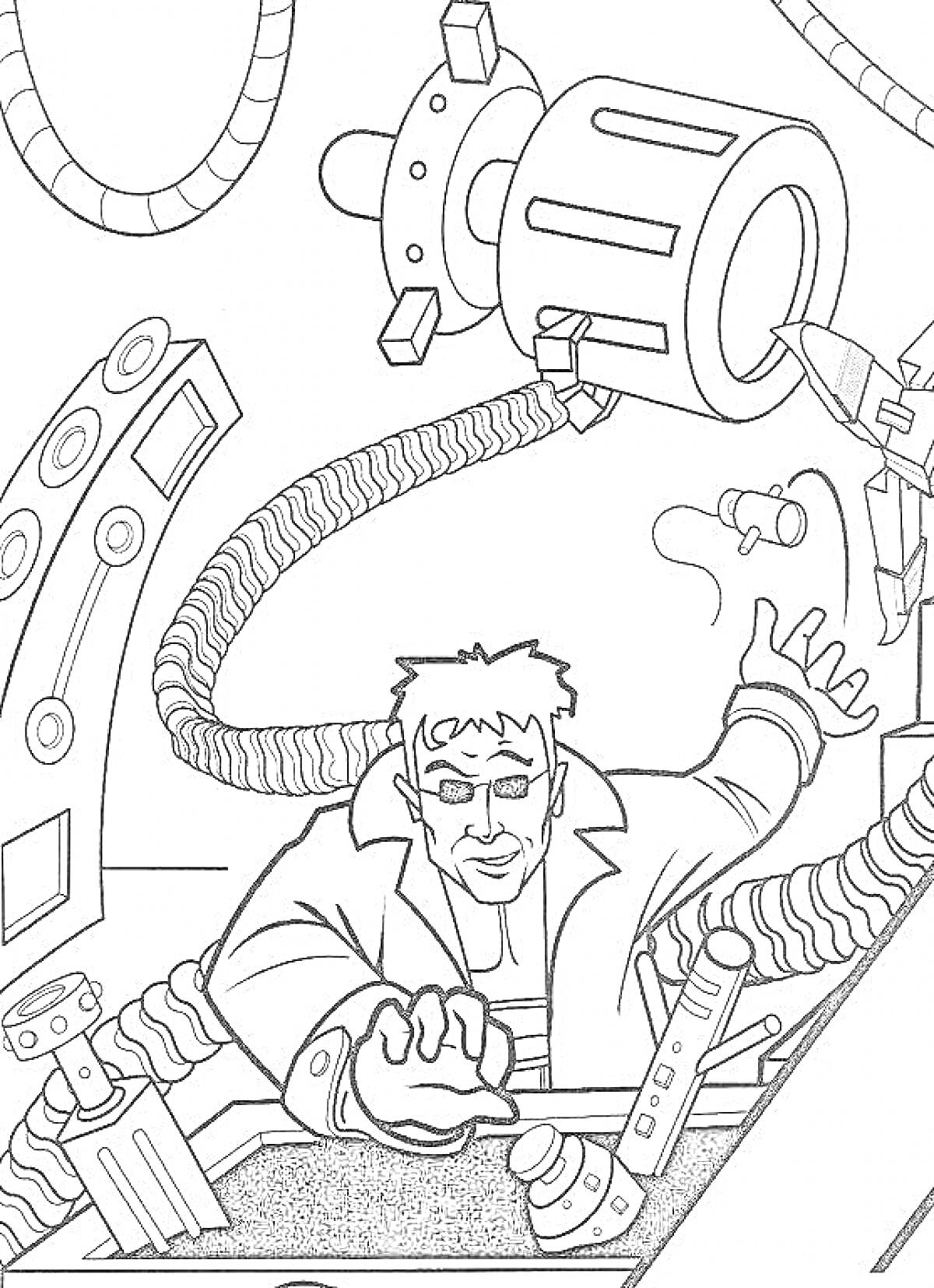 На раскраске изображено: Доктор осьминог, Механические руки, Лаборатория, Научное оборудование, Суперзлодей