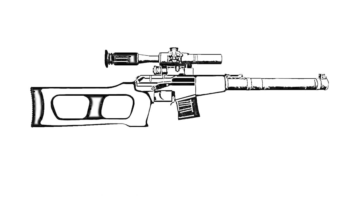 На раскраске изображено: Винтовка, Оружие, Оптический прицел, Магазин, Ружьё, Снайперская винтовка, Военная техника, Контурные рисунки