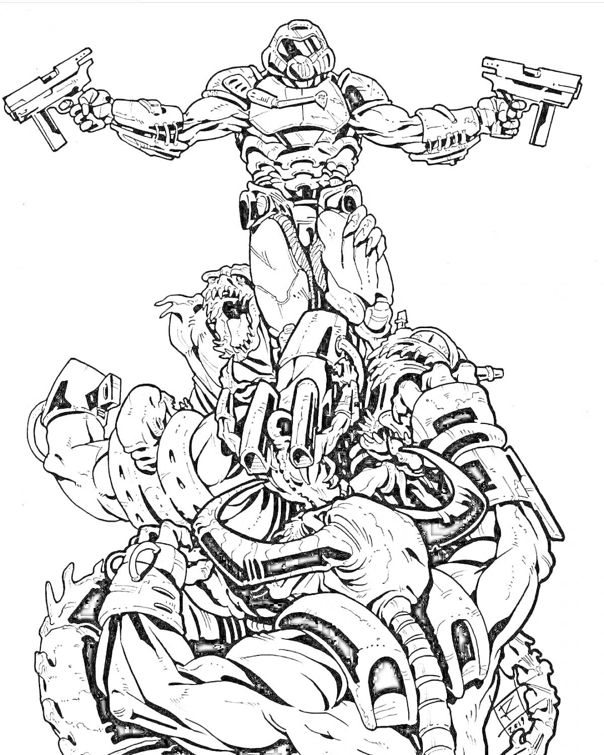 Раскраска Боец с пистолетами в броне, стоящий на груде монстров