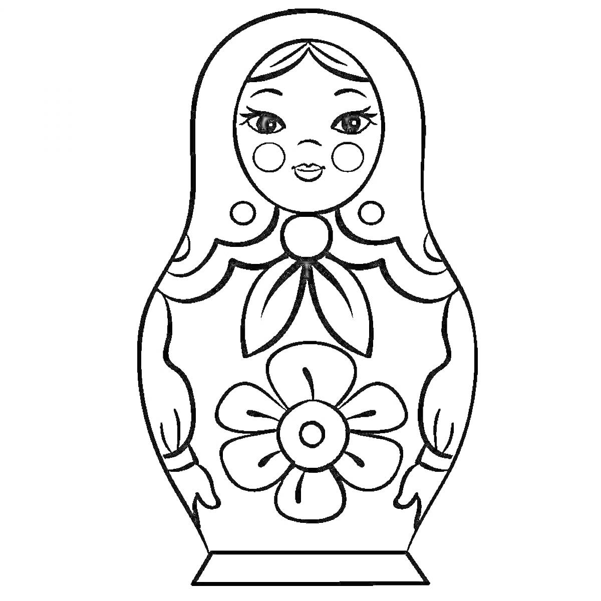 Раскраска Матрешка с цветком, платком и улыбкой