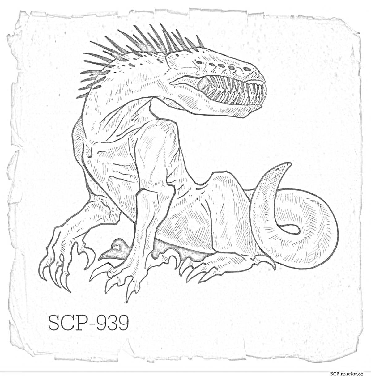 Раскраска SCP-939, хищное существо с острыми зубами и шипами на позвоночнике, большие лапы с когтями прижаты к земле.