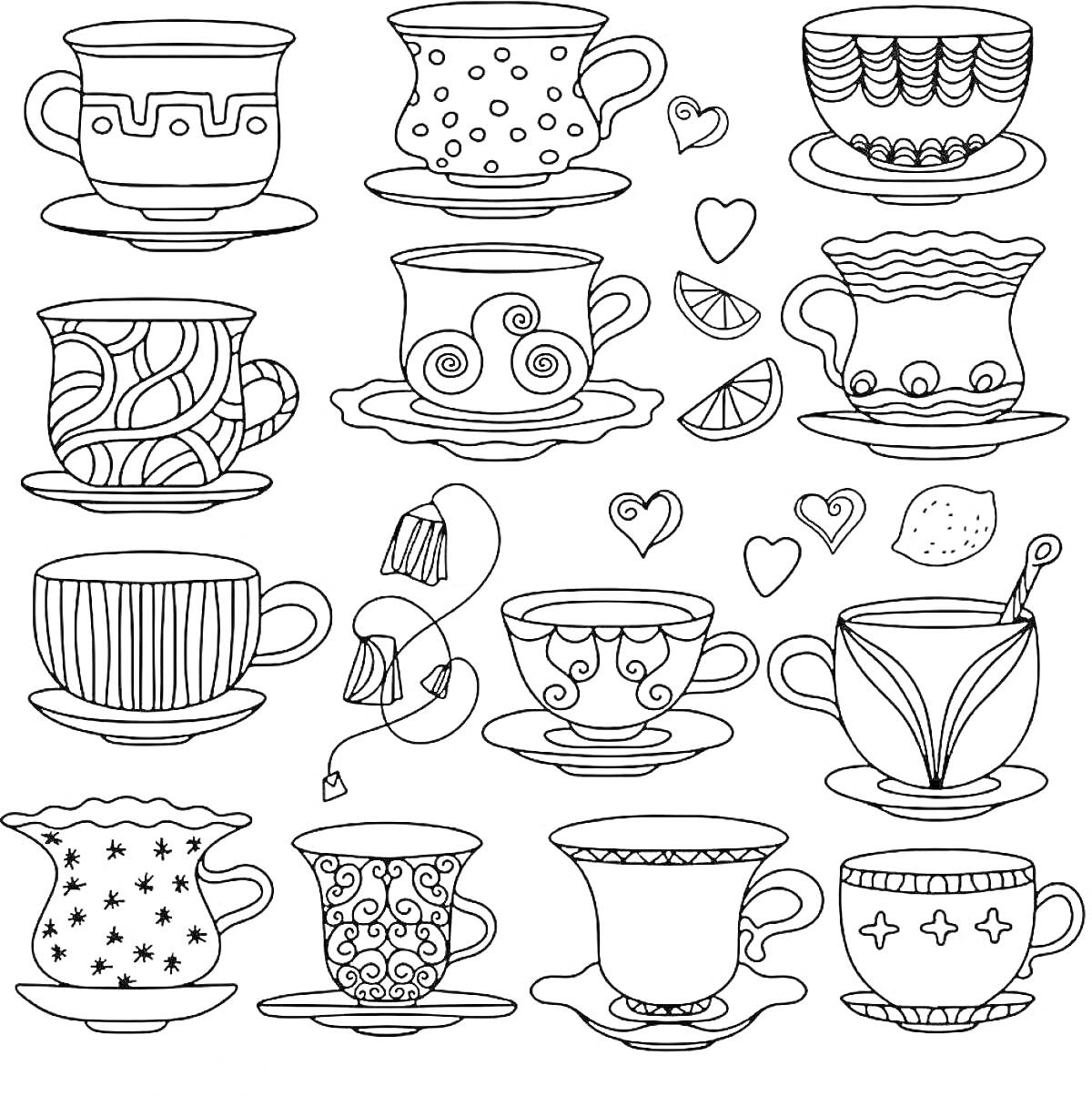 Набор чашек с различными узорами, сердечки, ломтики лимона, пакетик чая, заварочный чайник, кусочек сахара