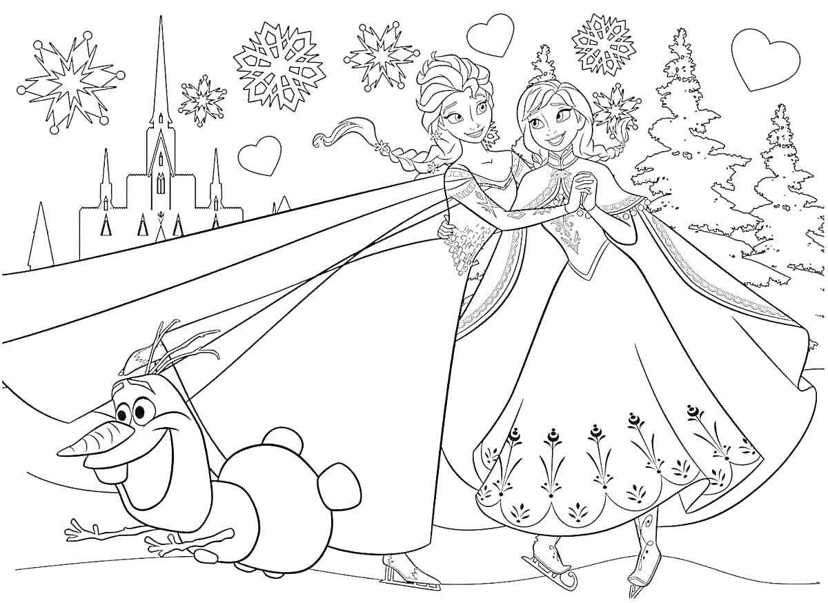 На раскраске изображено: Холодное сердце, Эльза, Анна, Замок, Снежинки, Деревья, Сердца