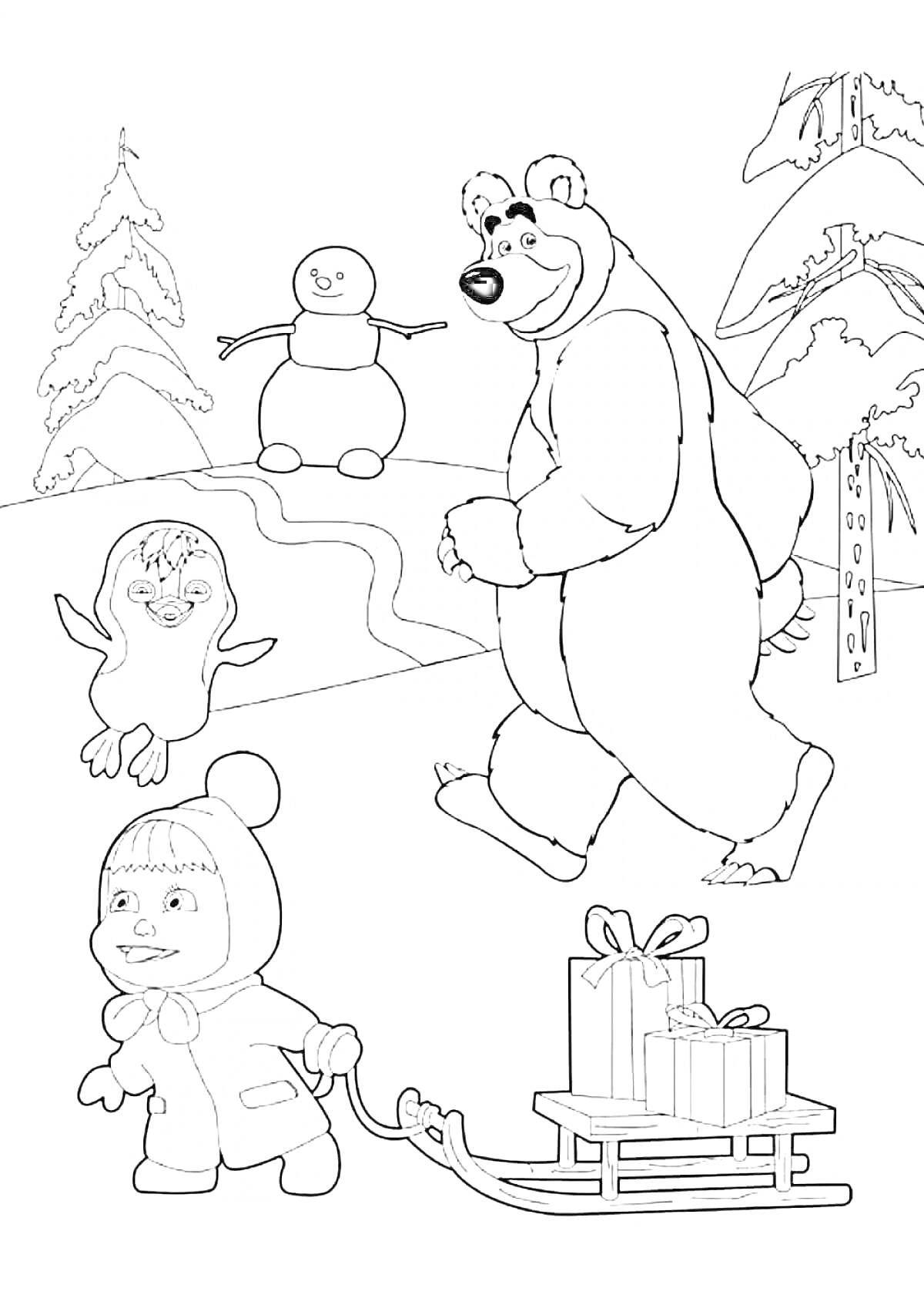 На раскраске изображено: Зима, Медведь, Девочка, Подарки, Снег