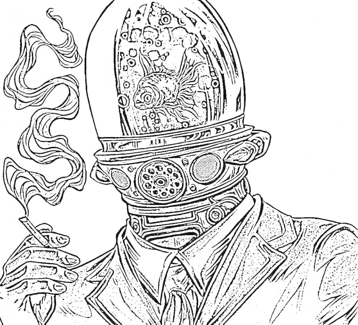 Раскраска Человек с аквариумом вместо головы, курящий сигарету в костюме