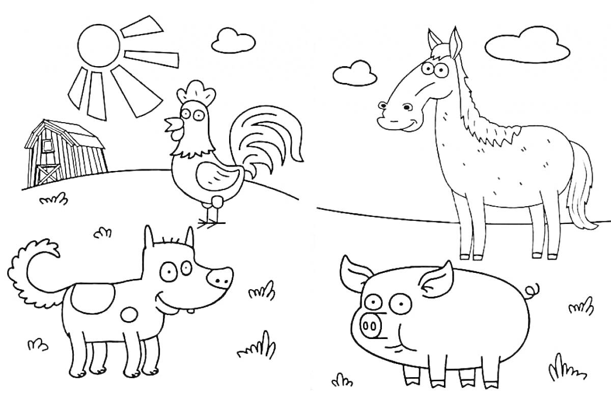 На раскраске изображено: Ферма, Лошадь, Собака, Солнце, Сарай, Облака, Трава, Деревня, Животные, Для детей, Курицы, Свиньи