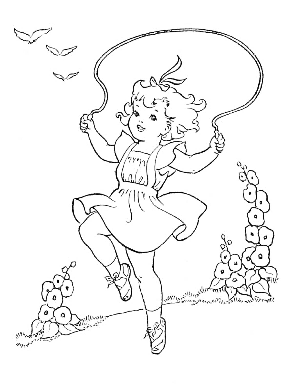 Раскраска Девочка, прыгающая через скакалку среди цветов и птиц
