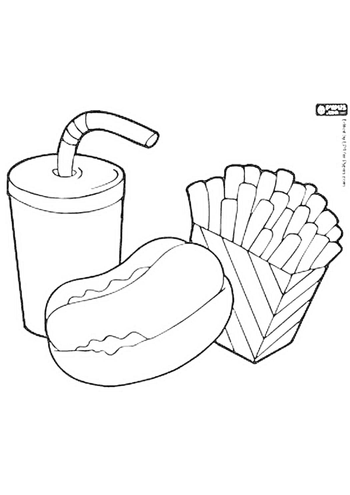 Раскраска Напиток с трубочкой, хот-дог, картофель фри