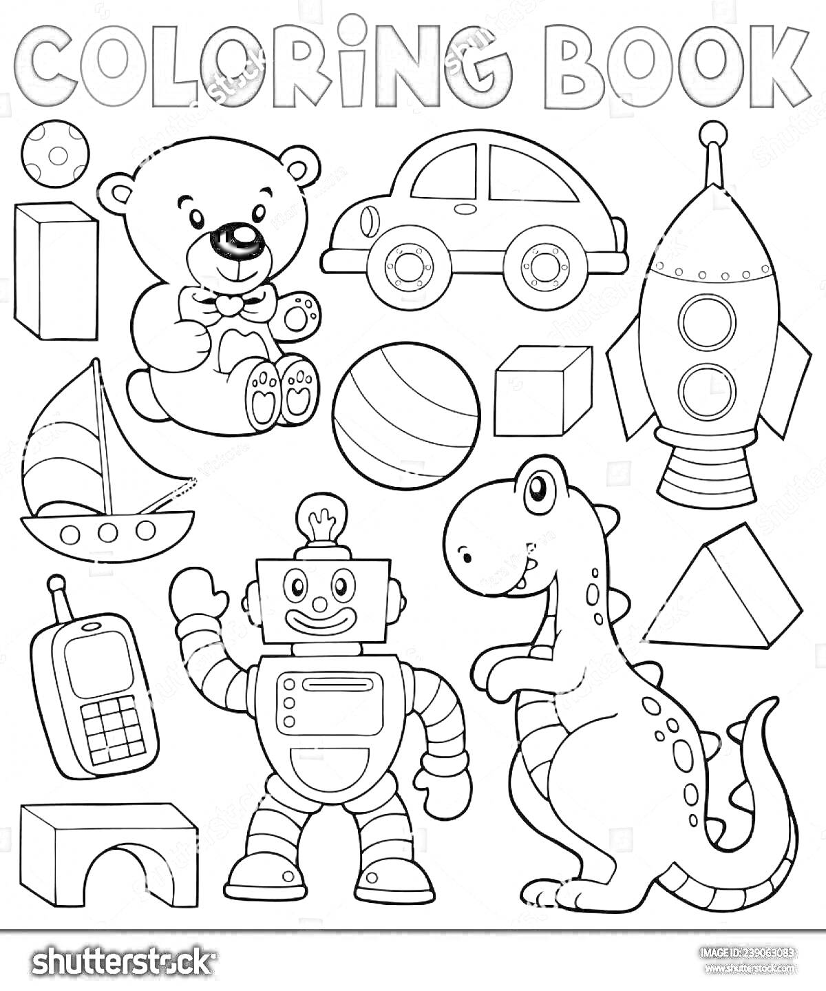 Coloring book with bear, car, rocket, boat, ball, robot, dinosaur, cell phone, blocks and pyramid