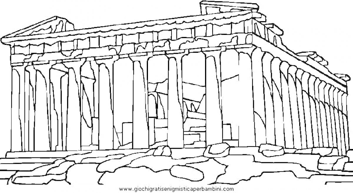 На раскраске изображено: Древняя Греция, Колонны, Архитектура, Руины, Храм, Античность
