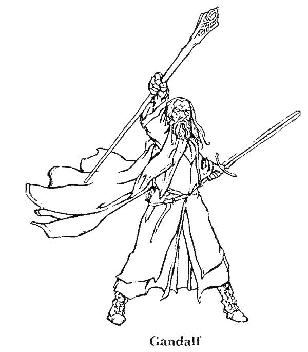 Раскраска Гэндальф, стоящий с поднятым посохом и мечом
