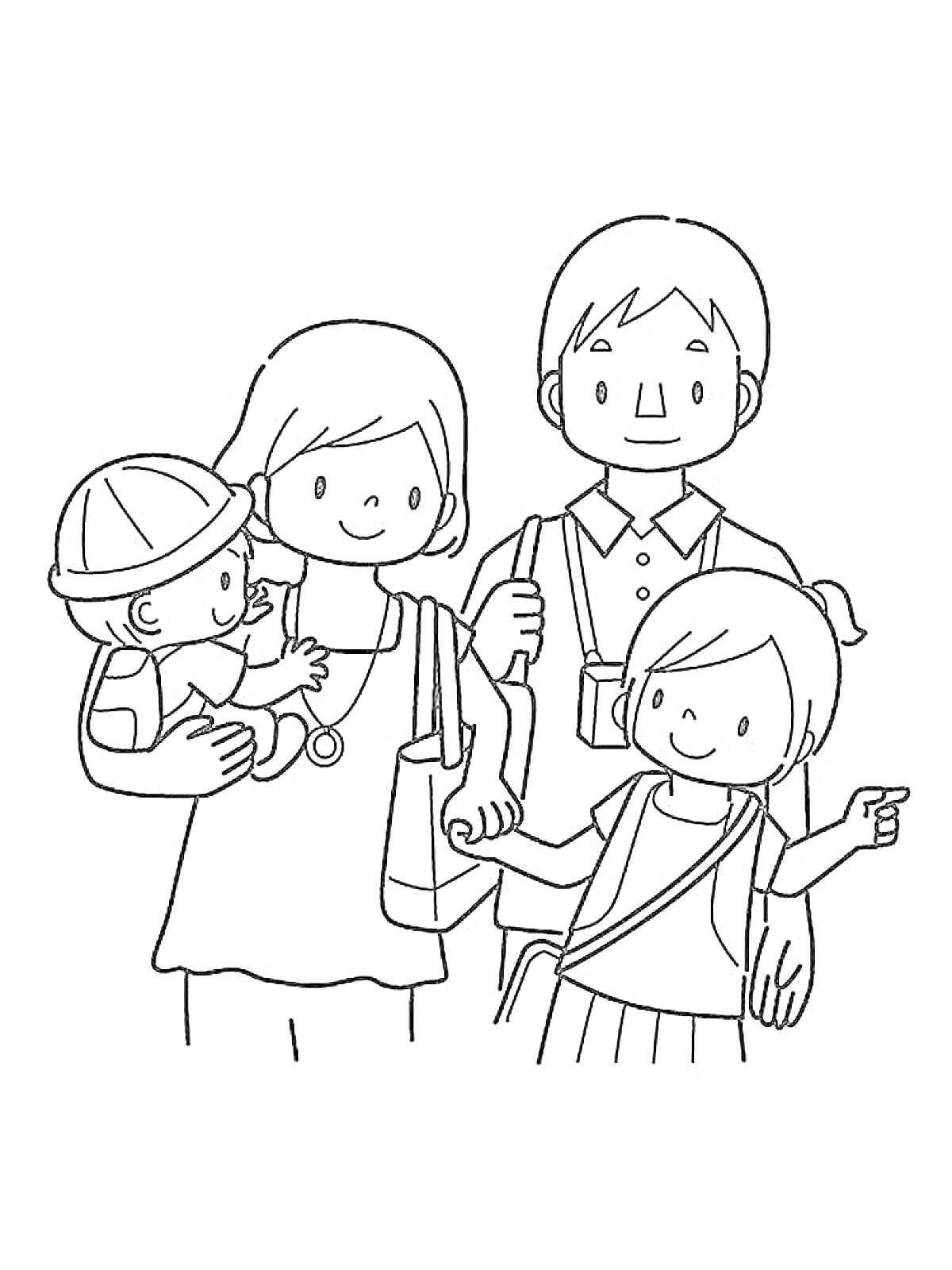 Раскраска Семейная прогулка с малышом и школьницей