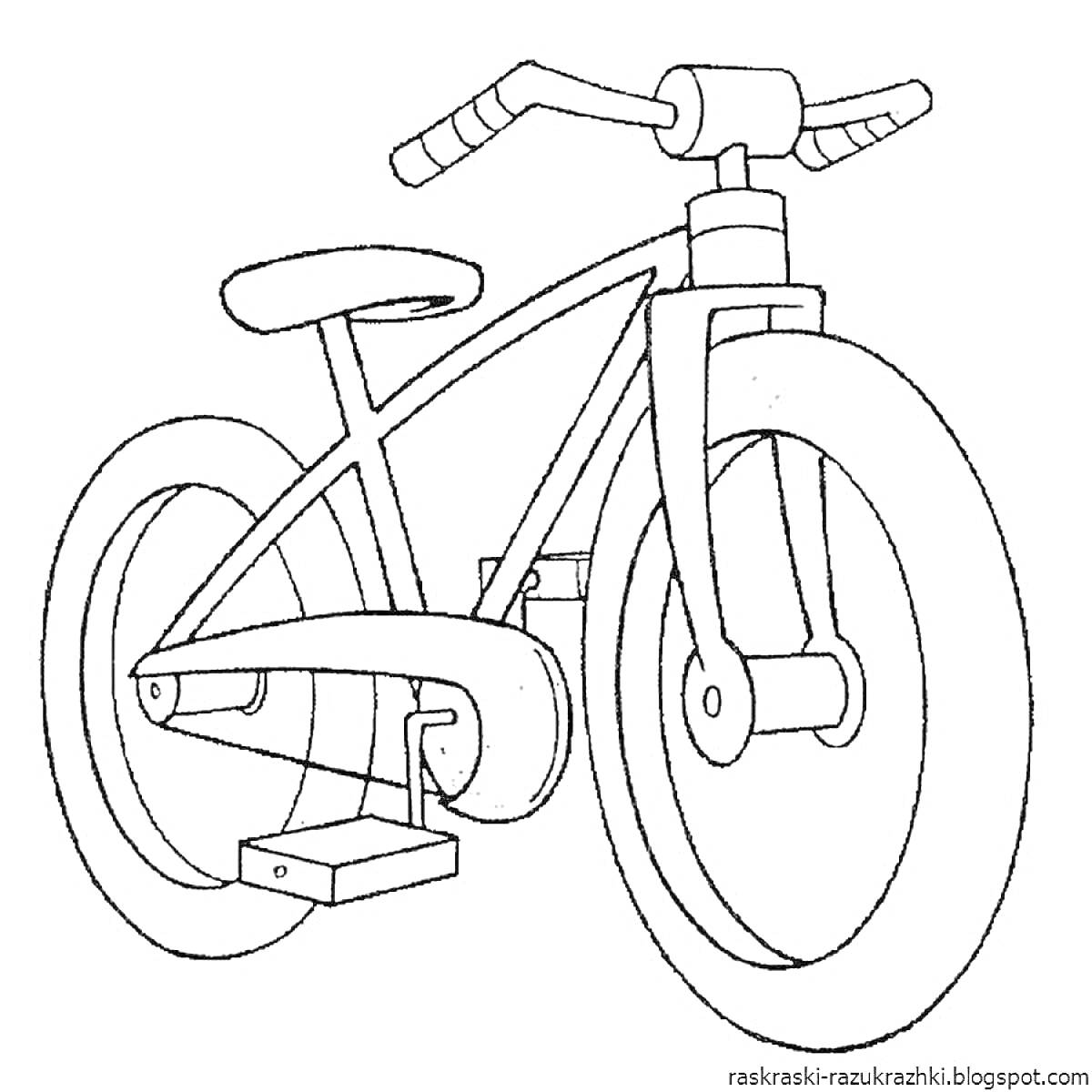 Раскраска Велосипед с педалями, седлом, рулем и колесами