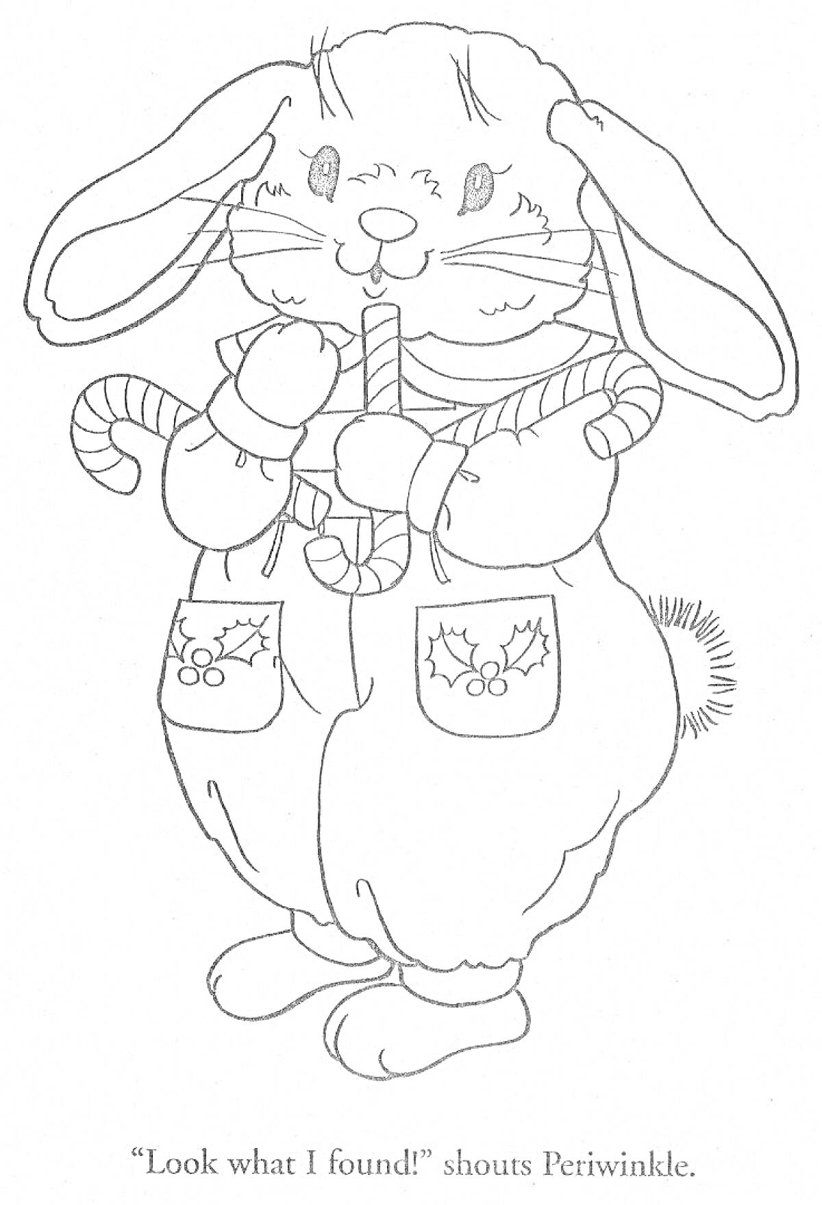 Раскраска Кролик в праздничном костюме с конфетными тросточками и карманами с изображением веточек остролиста
