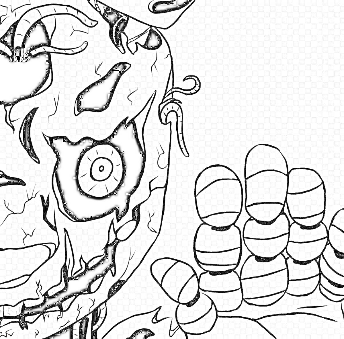 Раскраска Частичное изображение аниматроника Спригтрапа с правым глазом и поднятой рукой.