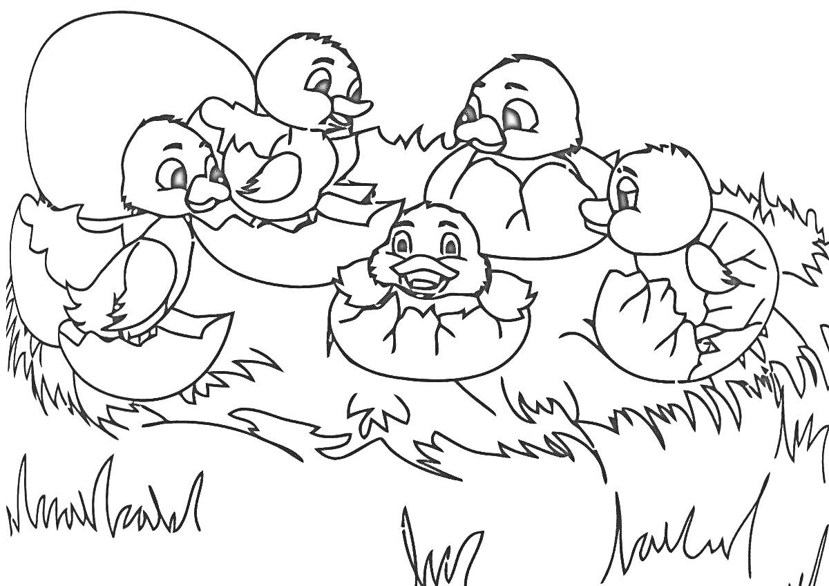 На раскраске изображено: Гнездо, Яйца, Трава, Природа, Вылупление, Животные, Птенец, Утка