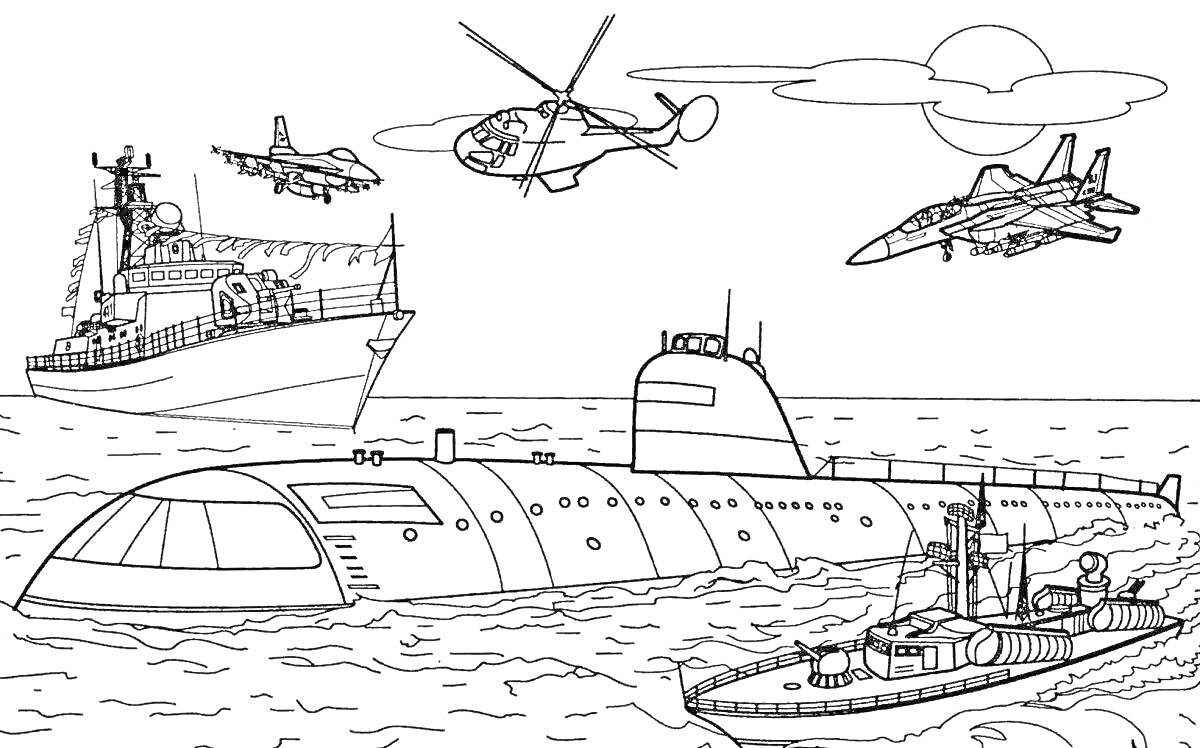 Раскраска Морской бой с подводной лодкой, двумя военными кораблями, двумя военными самолетами и вертолетом