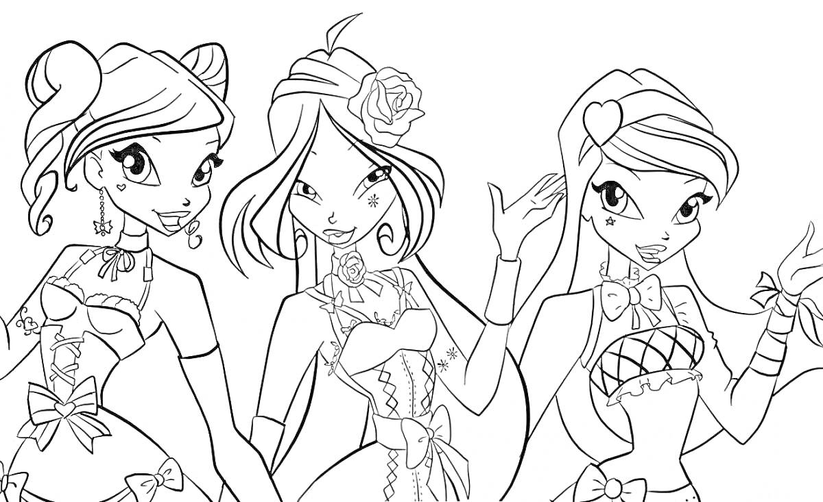 Раскраска Три девочки Винкс в платьях с бантами и цветами на волосах