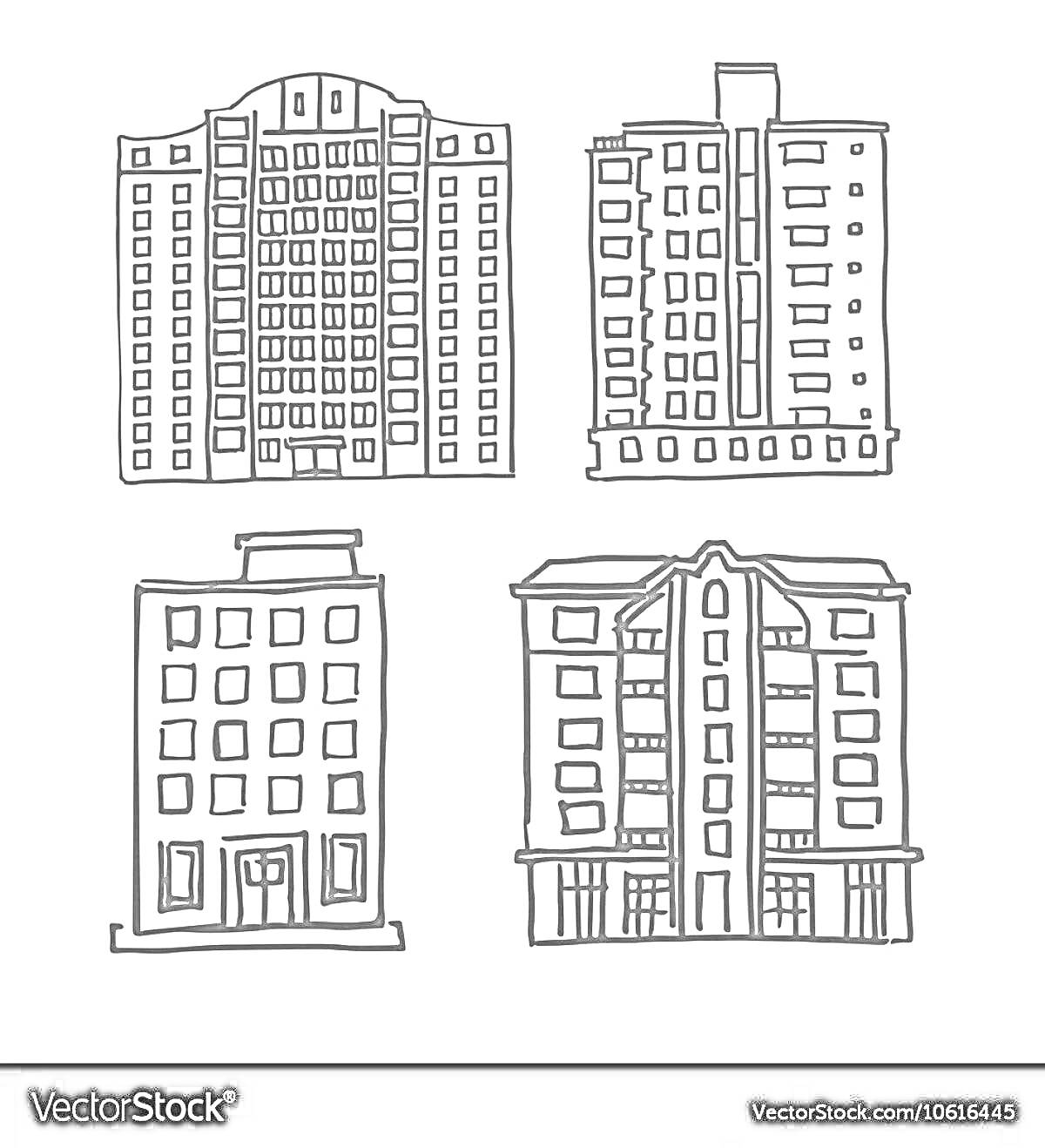 Раскраска Четыре многоэтажных дома, один с арками и рельефной крышей, второй с балконами и длинными окнами, третий с дверью и окнами, четвертый с большими окнами и прямоугольной крышей