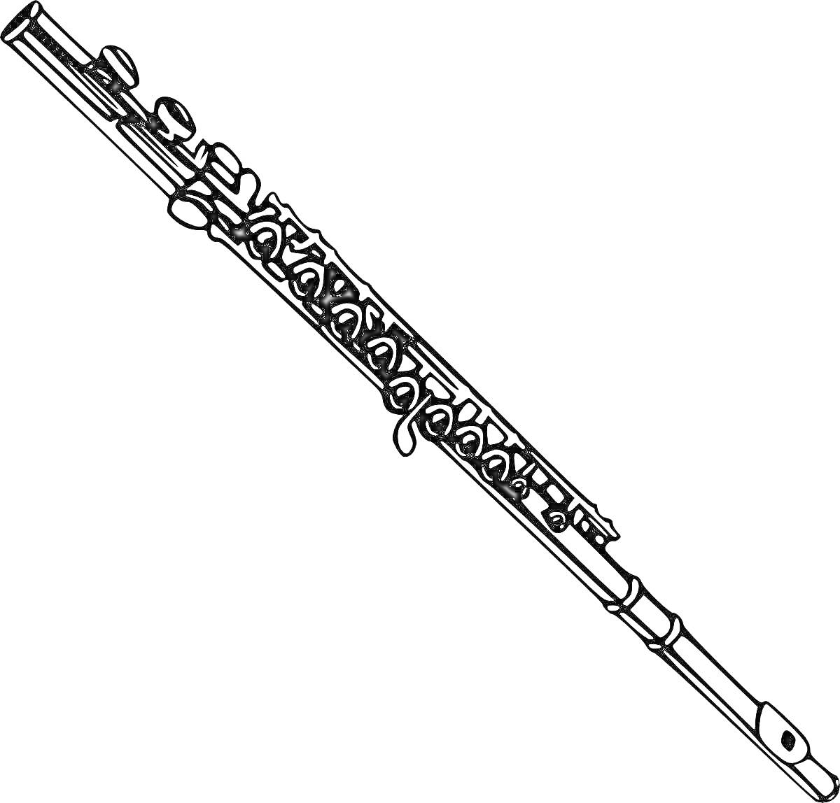 На раскраске изображено: Флейта, Клапаны, Мундштук, Музыка, Музыкальные инструменты