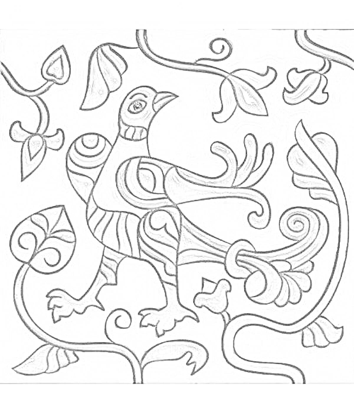 На раскраске изображено: Птица, Керамическая плитка, Узоры, Листья, Цветы, Ветка
