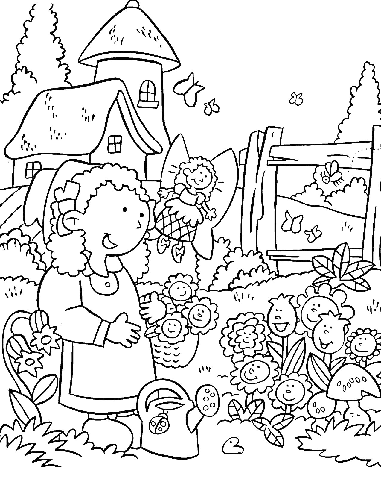 Раскраска Девочка в саду с домом, забором, цветами и феей