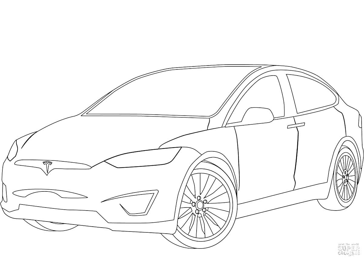 Раскраска Автомобиль Tesla с выделенными колесами, боковыми зеркалами и фарами.