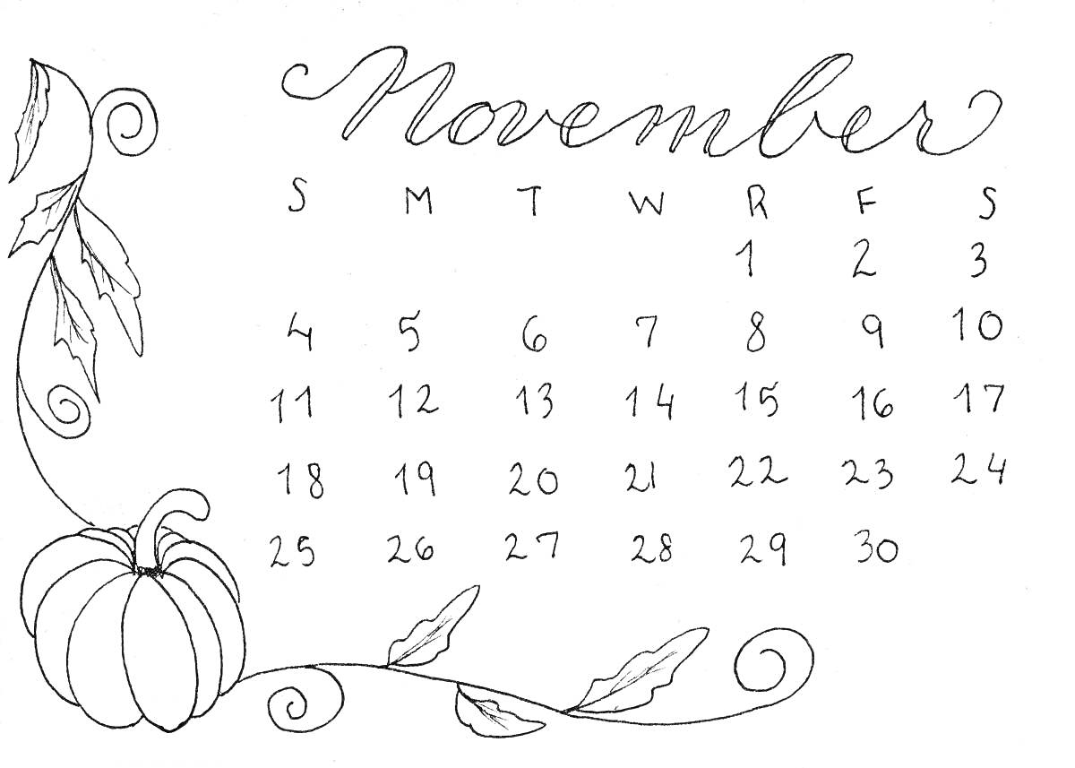 На раскраске изображено: Календарь, Ноябрь, Тыква, Листья, Недели, Осень, Виньетка