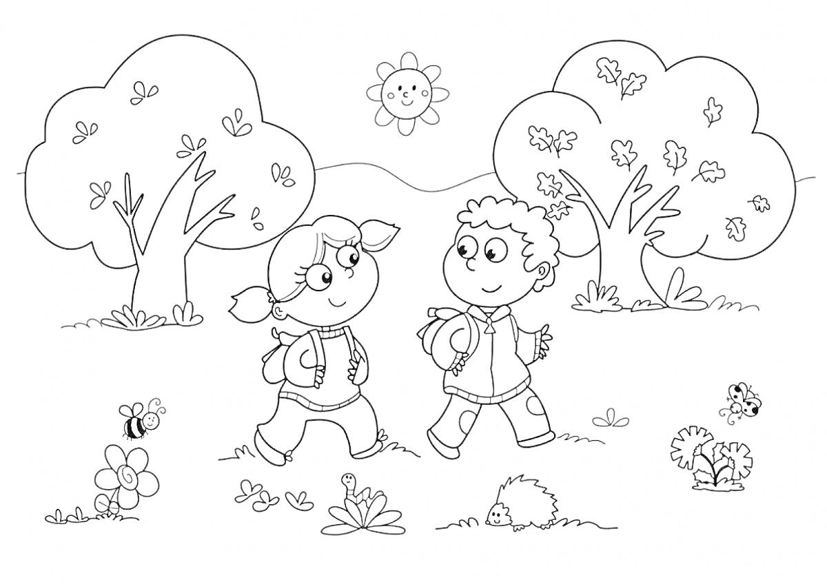 На раскраске изображено: Лес, Прогулка, Деревья, Цветы, Солнце, Природа, Подготовительная группа, Детский сад