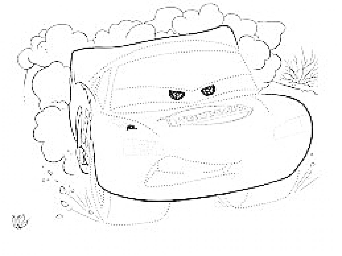 Раскраска Машина в облаке пыли на высокой скорости с травой позади