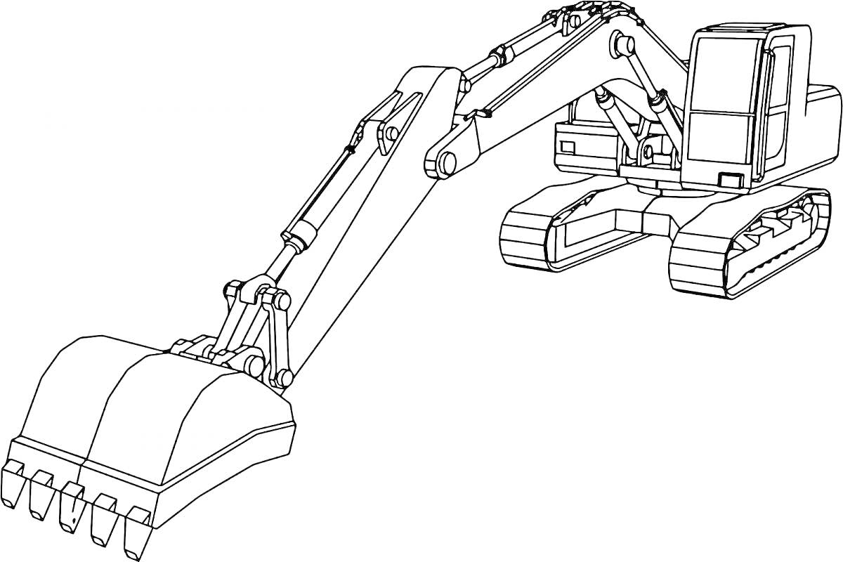 На раскраске изображено: Экскаватор, Ковш, Гусеничный ход, Стрела, Строительная техника