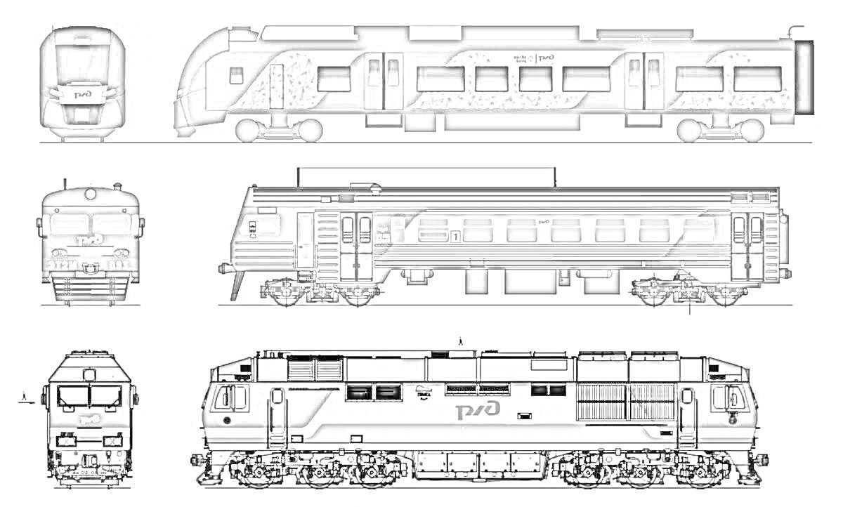 Раскраска Электричка ЭД4М и различные виды локомотивов, включая вид спереди, сбоку и сверху