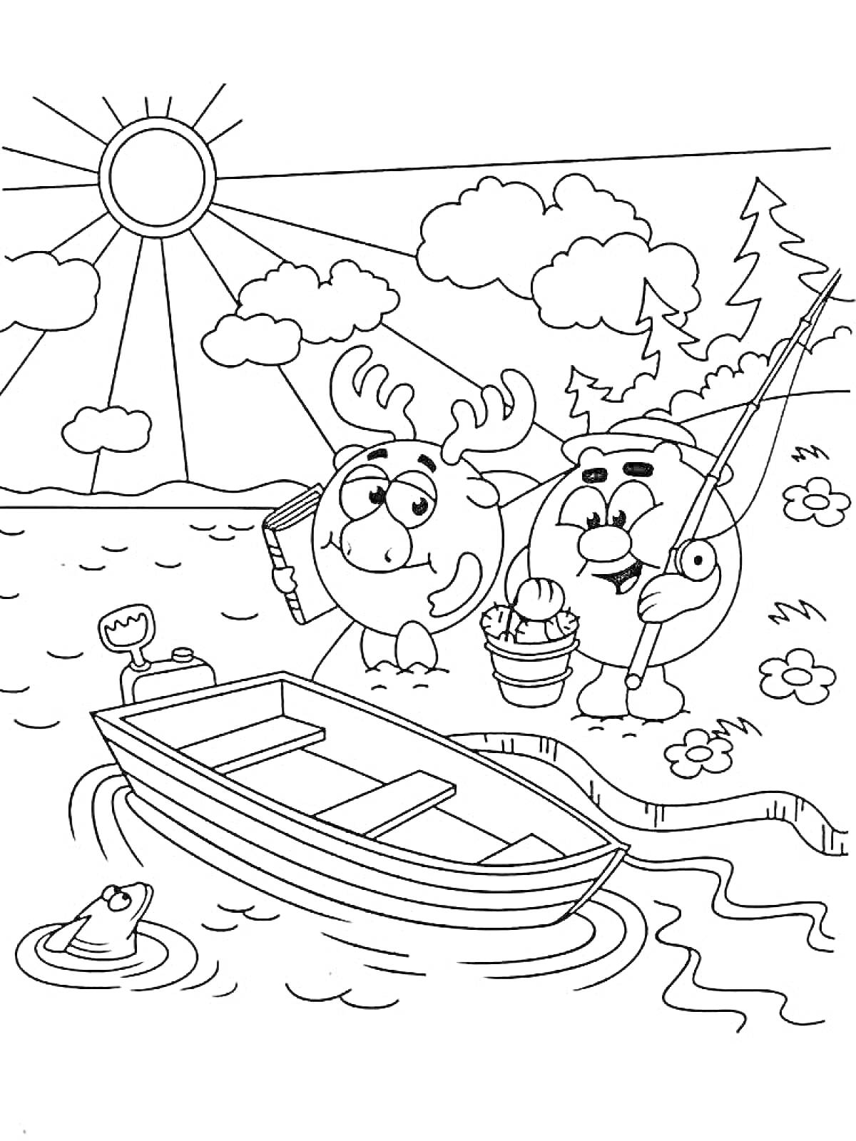 Раскраска Рыбалка с друзьями на озере