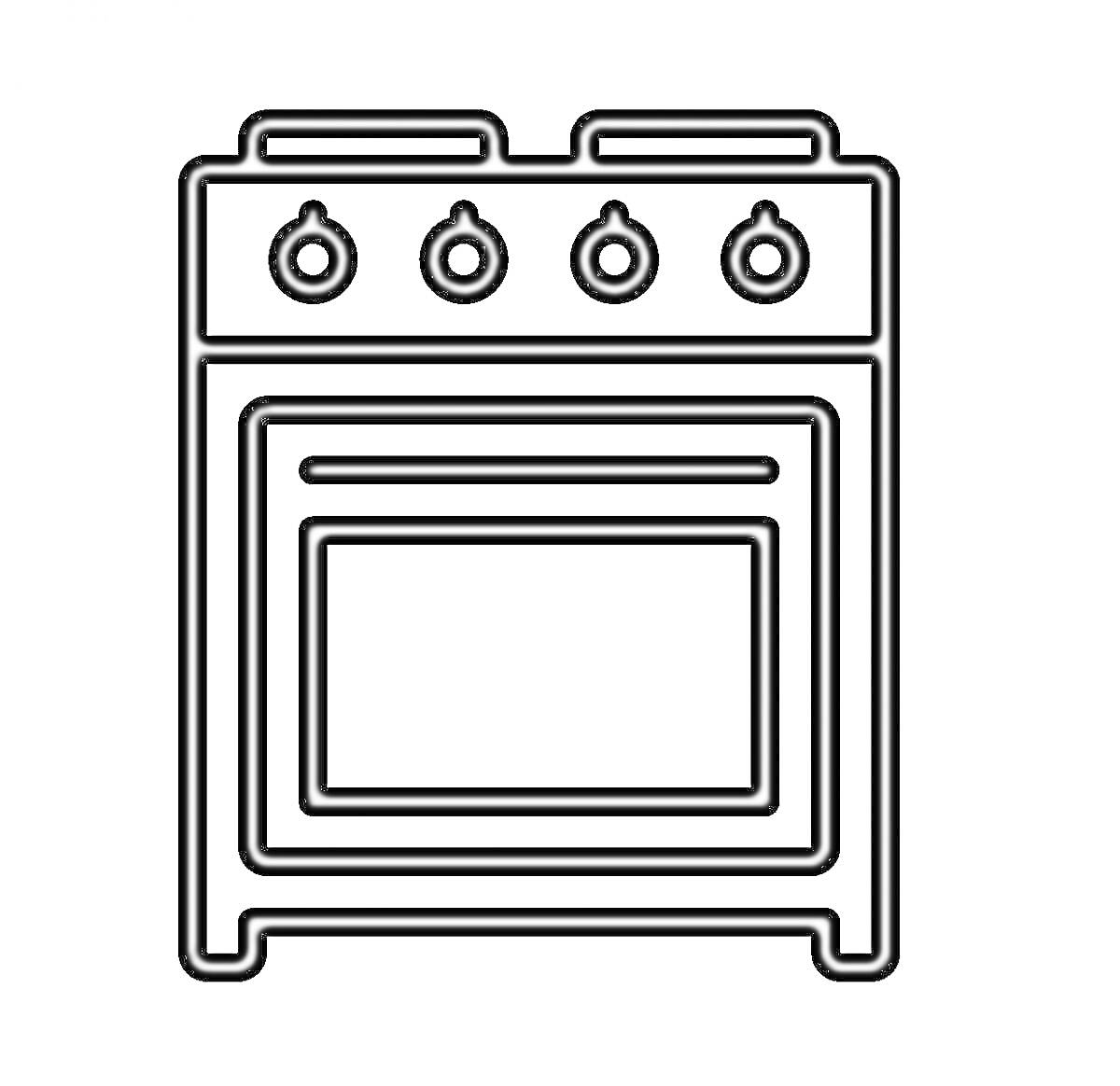 Раскраска Газовая плита с двумя конфорками и четырьмя ручками, духовка с дверцей