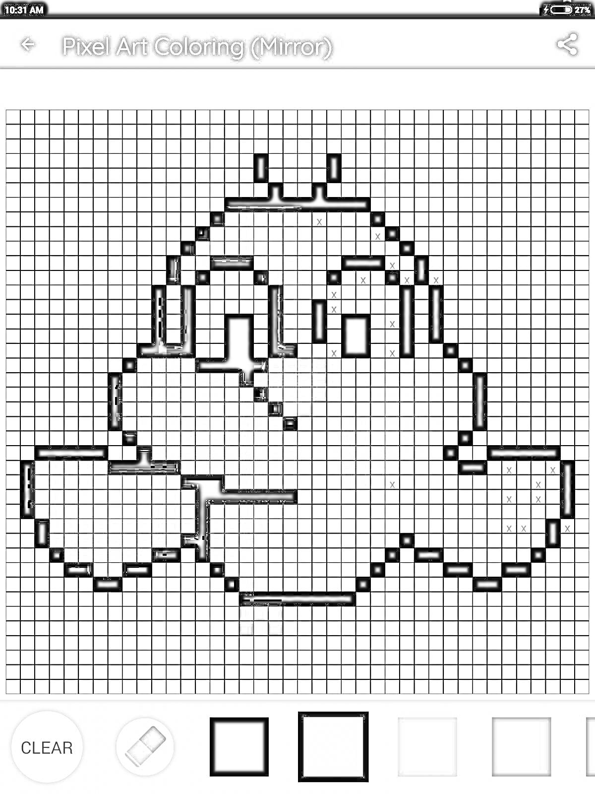 Раскраска Пиксельное изображение мультяшного лица с большими глазами и улыбкой