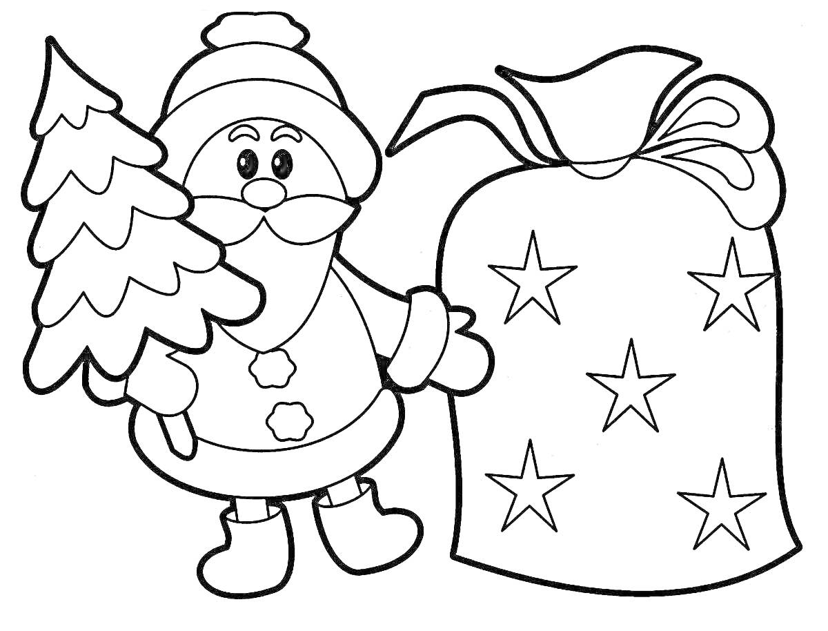 На раскраске изображено: Дед Мороз, Подарки, Звезды, Новый год, Гирлянда, Зима, Елки, Мешки, Праздники