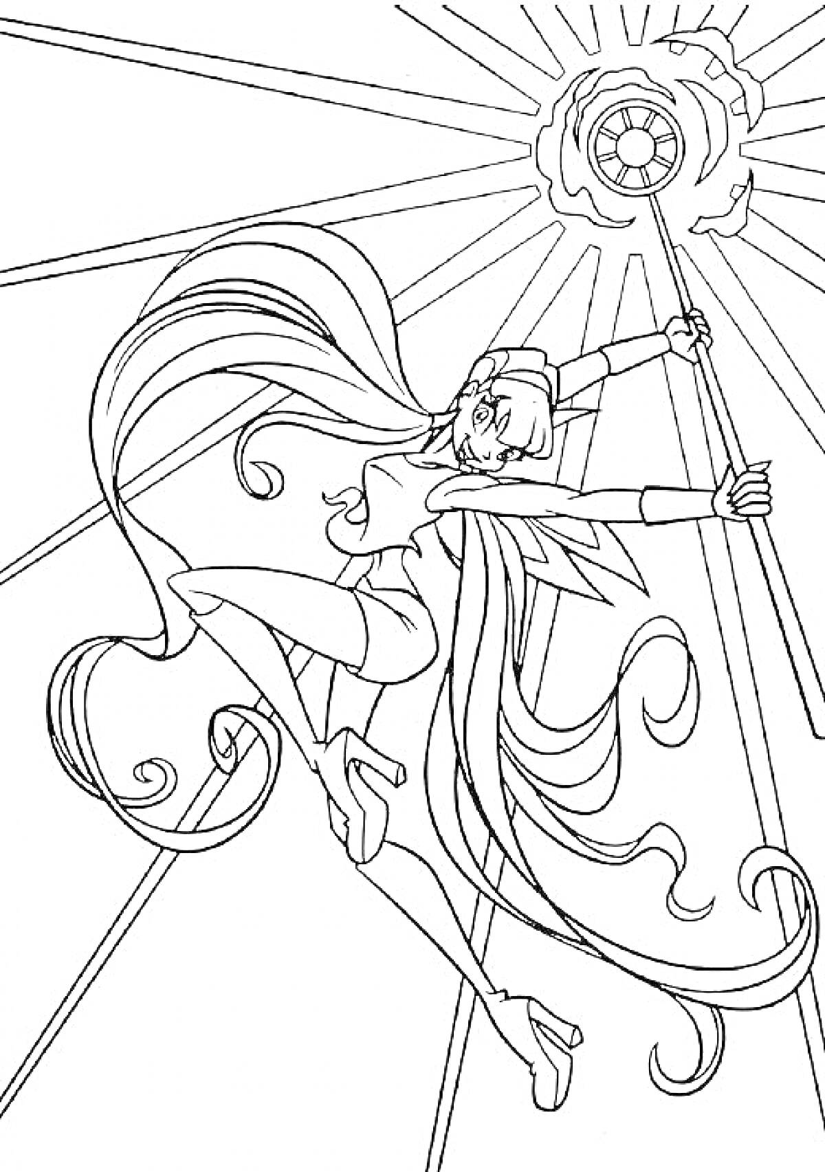 Раскраска Винкс Стелла с длинными распущенными волосами в динамичной позе с магическим жезлом, испускающим лучи