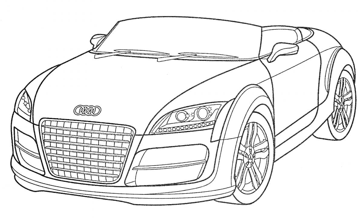 Раскраска Машина Audi с передними фарами, решеткой радиатора, колесами и передним бампером