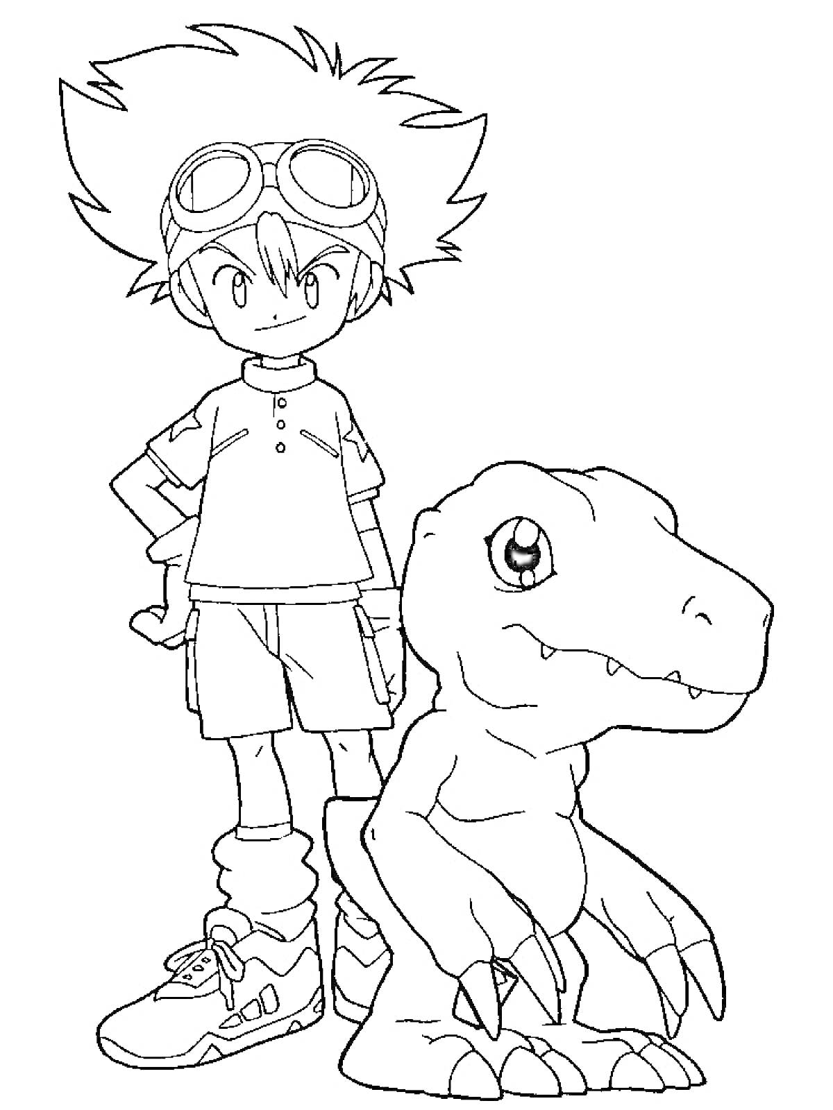 Раскраска Мальчик в очках и шортах с Дигимоном динозавром