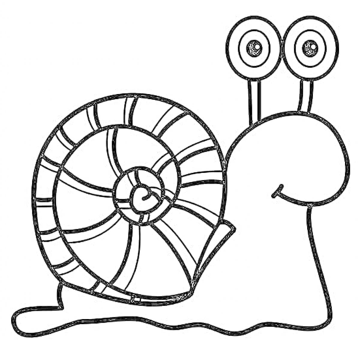 Раскраска Улитка с декоративной спиральной раковиной и двумя глазами на длинных стебельках