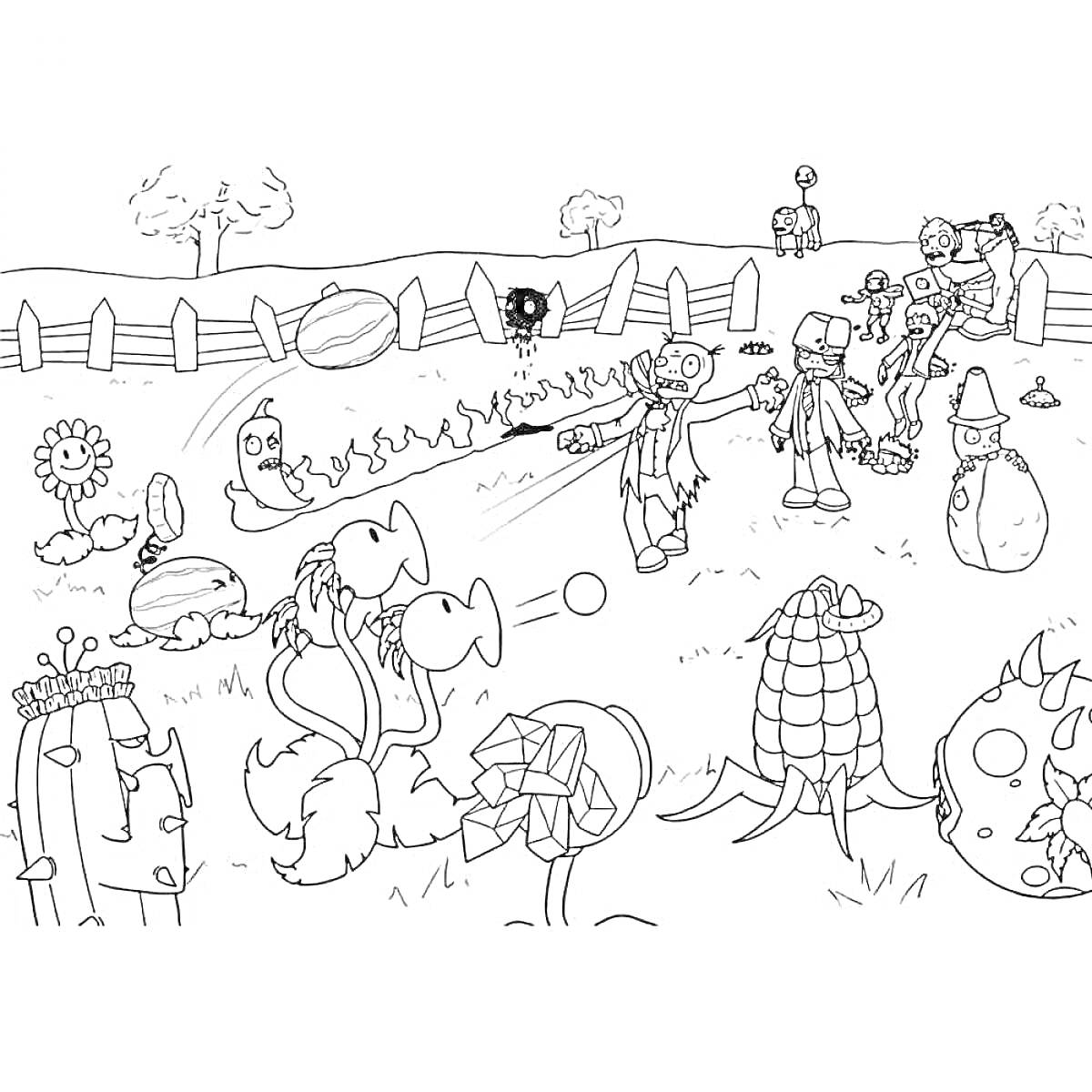 На раскраске изображено: Зомби, Растения, Поле, Забор, Деревья, Битва, Тыква, Кукуруза