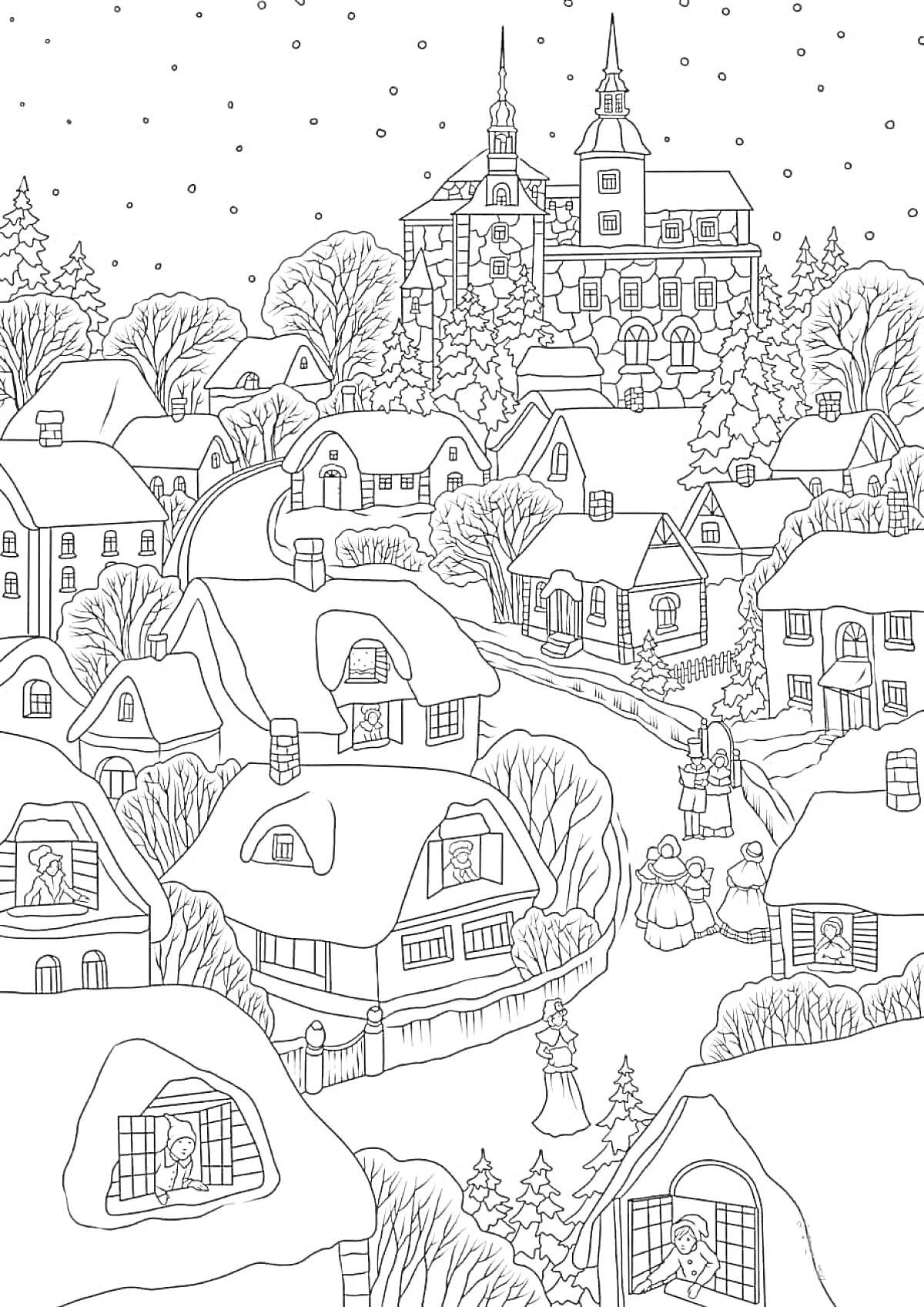 Раскраска Зимняя деревня с домами, улицами, засыпанными снегом, с деревьями и зданием с башнями на заднем плане; на изображении также изображены люди, гуляющие по деревне.