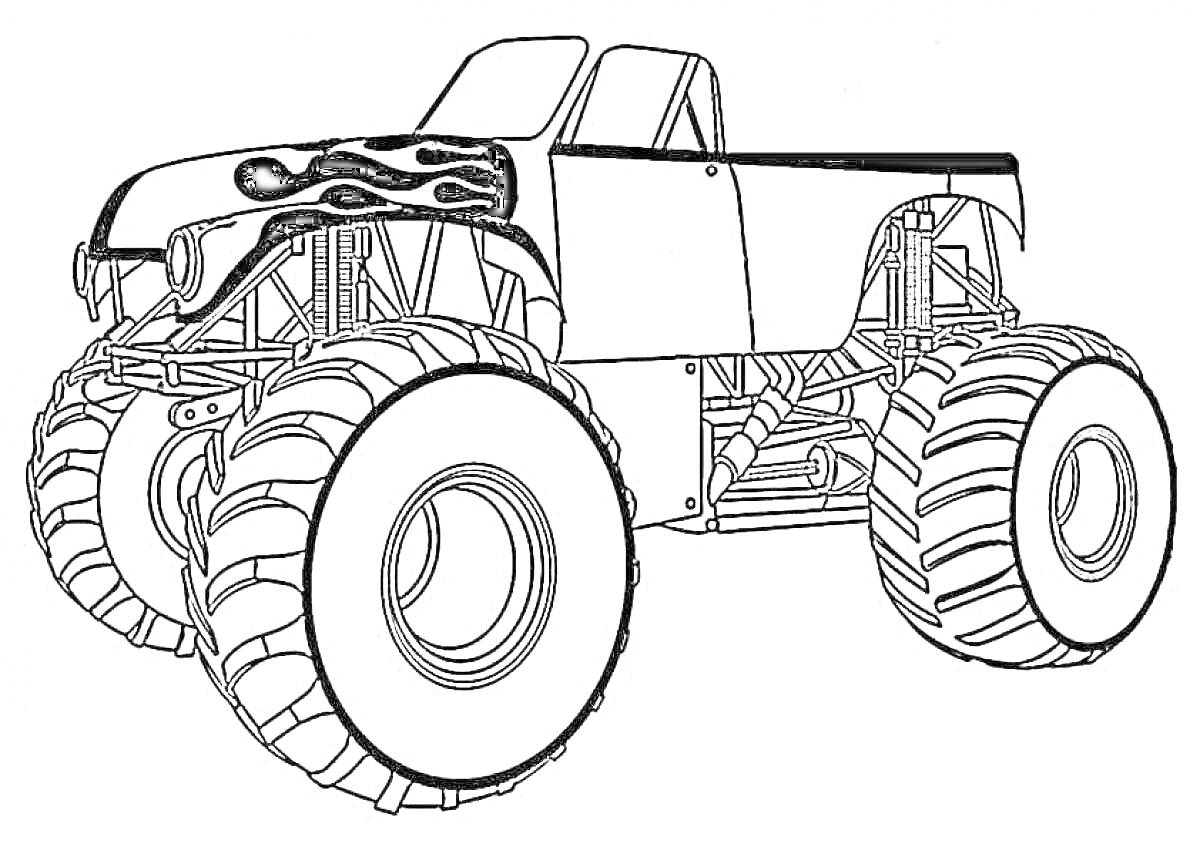 Раскраска монстр-трак с огненным узором на капоте