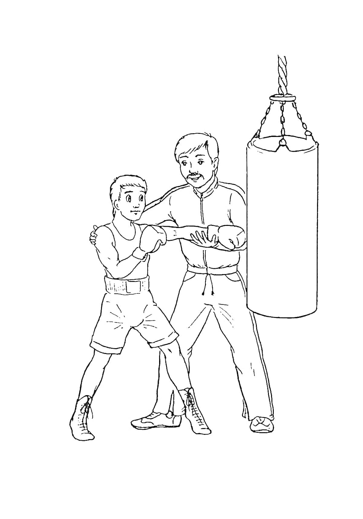 На раскраске изображено: Бокс, Тренировка, Тренер, Боксер, Спорт