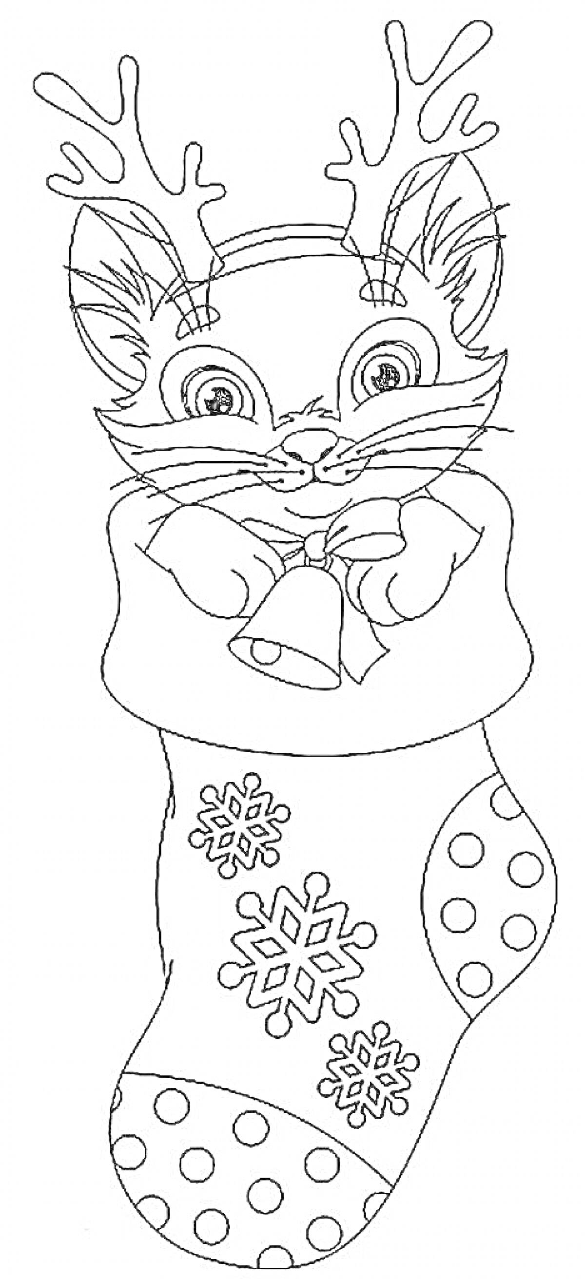 Раскраска Кошка с рожками оленя в новогоднем носке с колокольчиком и снежинками